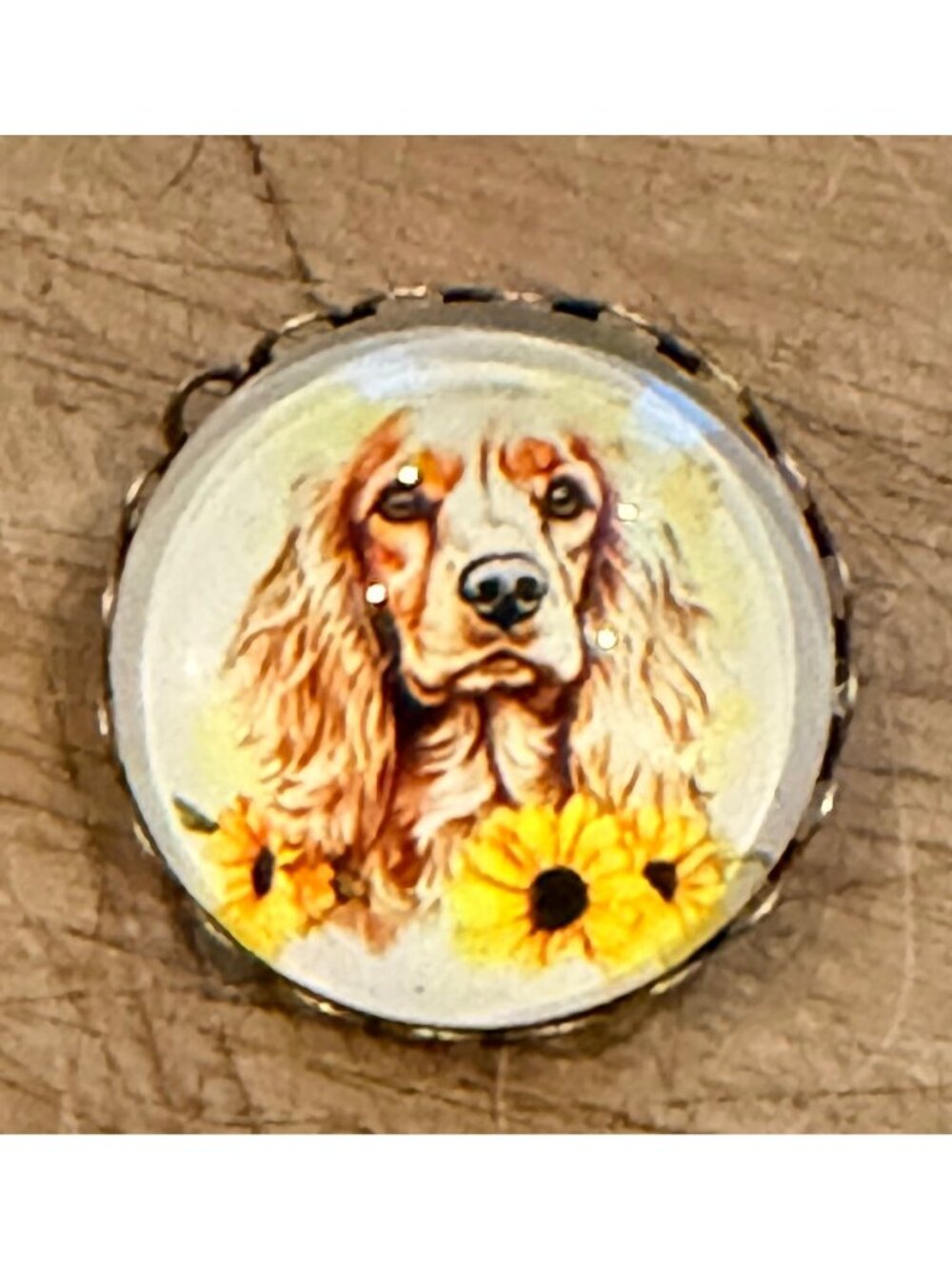 Cocker Spaniel Dog Pin With Sunflower Design Round Metal Lapel Brooch Vintage St